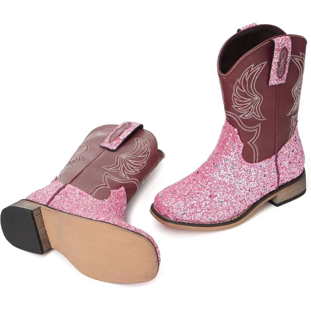 ⚡Girls Pink Sequins Embroidered Cowgirl Boots Western Square Toe Mid Calf